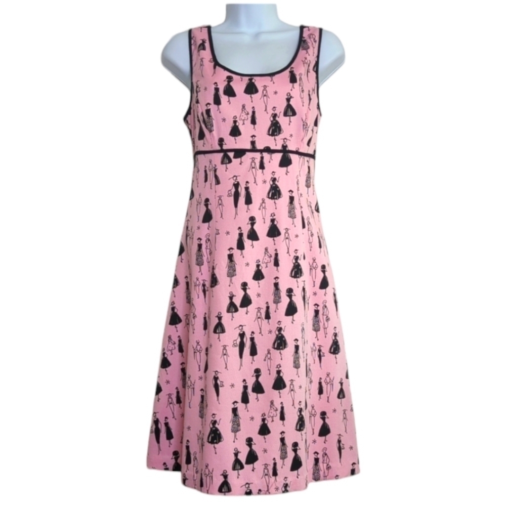 Retro 60s Style Fit & Flare High Fashion Novelty Print Dress Pink Black 6